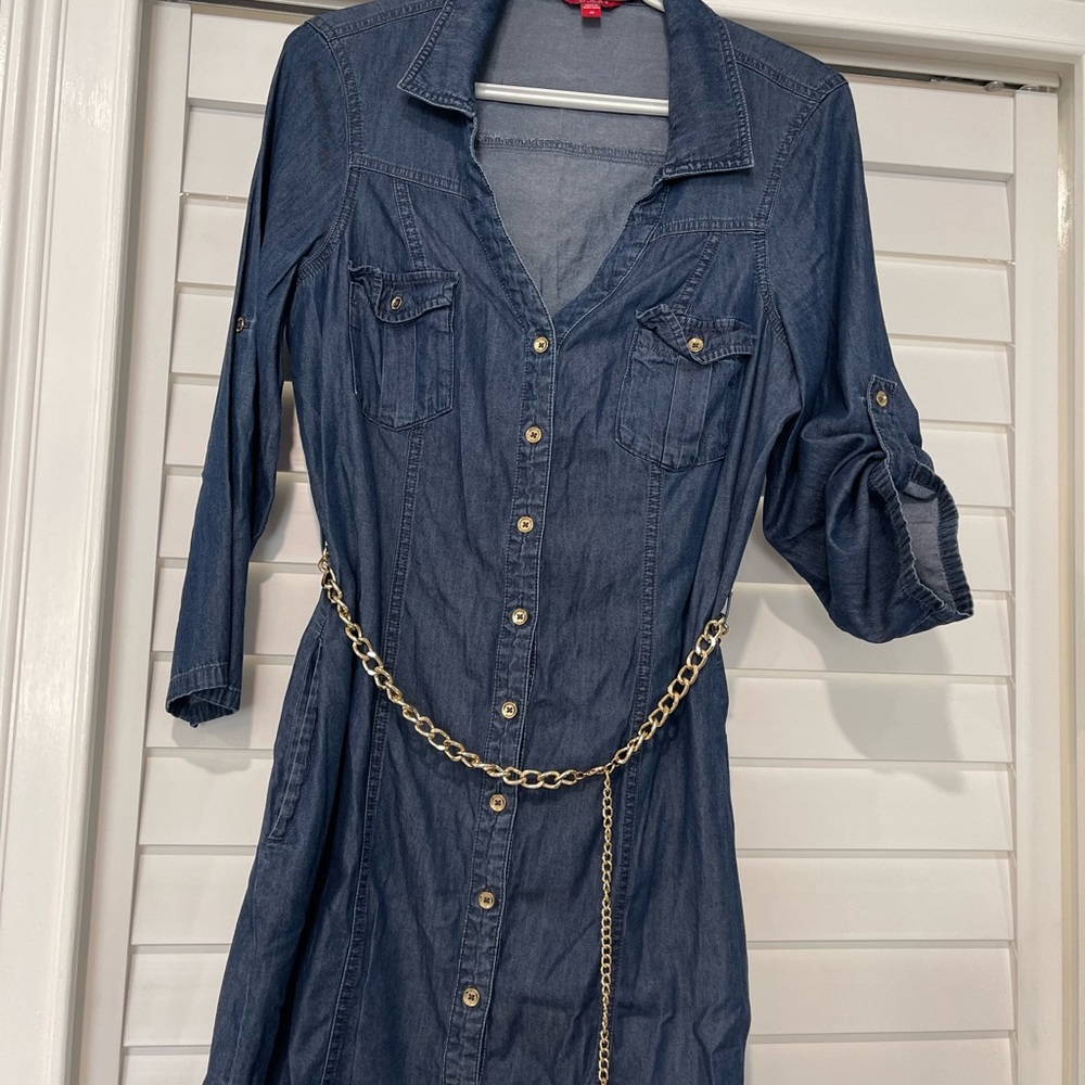 Guess Blue Midi Shirt Dress with Notched Collar